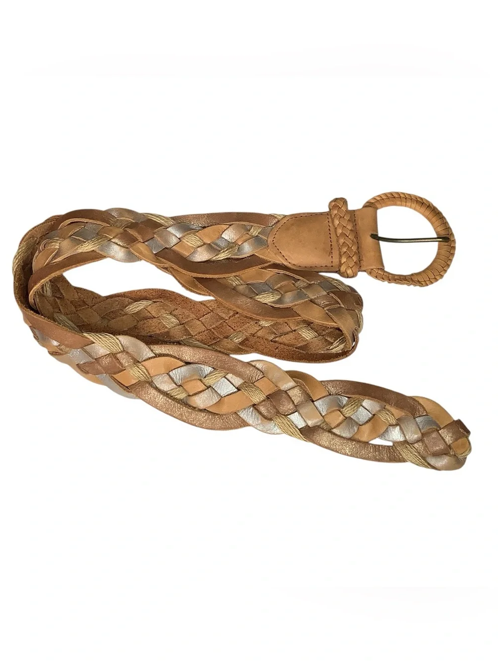 Hollister Genuine Leather Braided Belt Tan Metallic Woven Boho Size M/L
